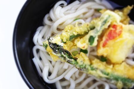 Japanese food, asparagus and vegetable Tempura on Udonの写真素材