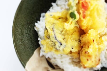 Japanese food, asparagus and vegetable Tempura on Riceの写真素材