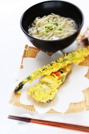 Japanese food, assort vegetable tempura and udon noodlesの写真素材