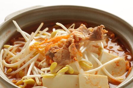 Korean food, kimchi and kimchi and pork with tofu hot potの写真素材