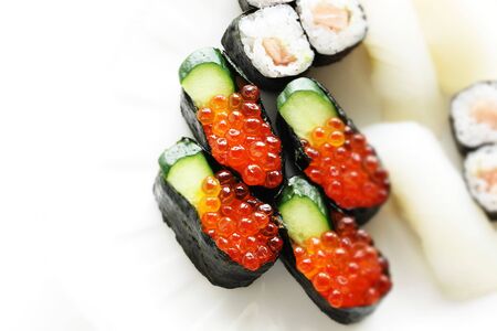 Japanese food, assorted Ikura raw roe sushiの写真素材