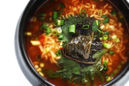Korean food, perilla leaf on ramen noodlesの写真素材