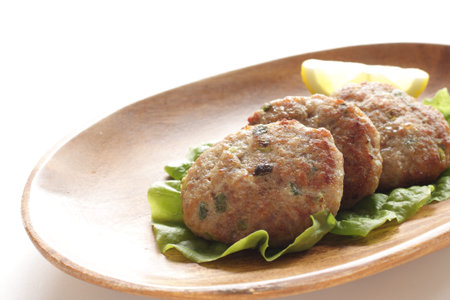 Asian spring onion hamburger steam on wooden plate