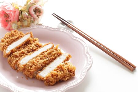 Japanese food, tonkatsu on dish with copy spaceの写真素材