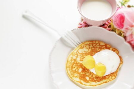 Chestnut and cream on pancake for gourmet breakfastの写真素材