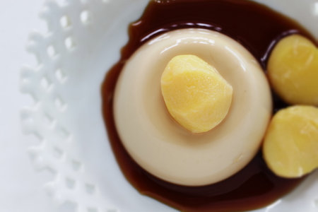Homemade sweet food, chestnut and pudding with caramel sauceの写真素材
