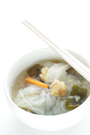 Asian food, seaweed and dried fish in glass noodles soupの写真素材
