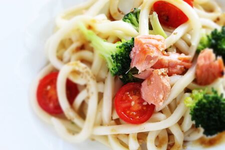 Japanese Summer Wish, salmon and Vegetable Udon noodles saladの写真素材