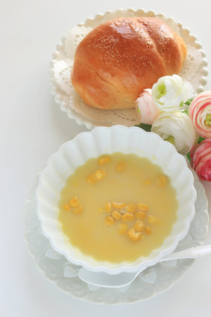 Japanese instant food, corn soup in white bowlの写真素材