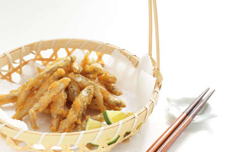 Japanese food, small fish tempura served with limeの写真素材