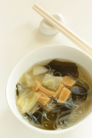 Chinese food, dried scallop and chinese cabbage soup, with seaweed