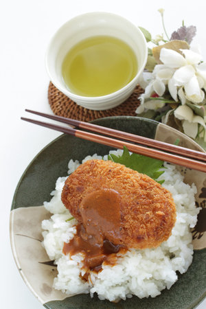 Japanese food, cream croquette and curry on rice for lunch
