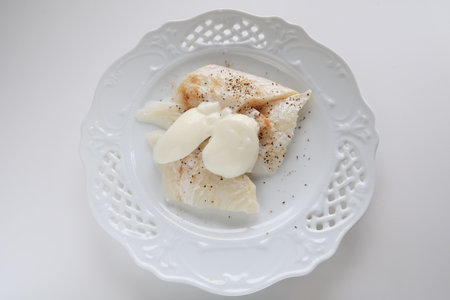 Prepared flat fish fillet and yogurt  for healthy food ingredientの写真素材