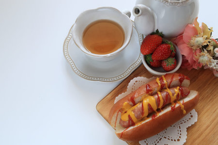homemade ketchup and mustard sauce hotdog