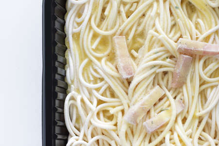 Frozen Italian Carbonara pasta in food packageの写真素材