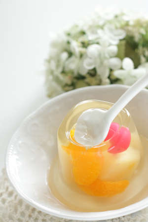 assorted fruit in jelly for delicious dessertの写真素材