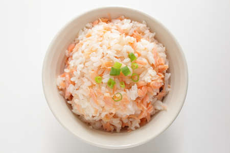 Japanese food, homemade grilled salmon mixed riceの写真素材