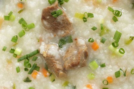 Chinese food, meat congee in bowl for nutrition breakfastの写真素材