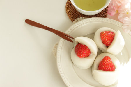 Japanese confectionery, strawberry and red bean paste Daifuku Mochiの写真素材