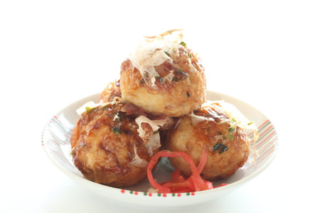 Japanese summer street food, Takoyaki octopus ball on dishの写真素材