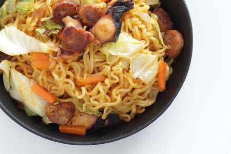 Chinese food, octopus and sausage with cabbage fried noodlesの写真素材
