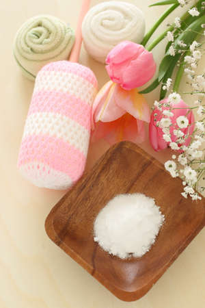 pink flower and soda powder for house keeping imageの写真素材