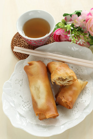 Chinese food, homemade spring rolls for yam cha deep fried dumpling