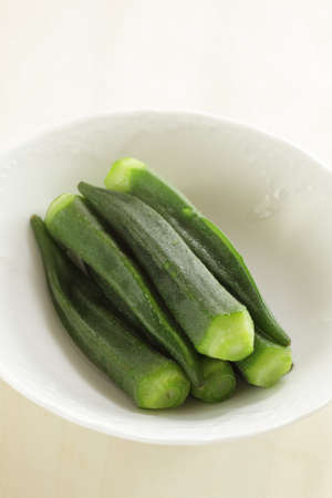 Homemade boil Okra for healthy salad with copy spaceの写真素材