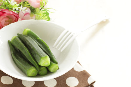Homemade boil Okra for healthy salad with copy spaceの写真素材