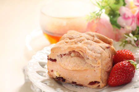 Homemade strawberry scone for spring breakfastの写真素材