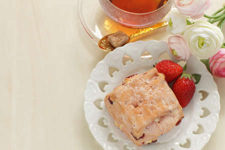 Homemade strawberry scone for spring breakfastの写真素材