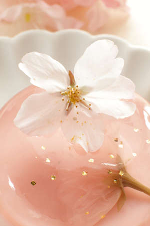 Edible cherry blossom jelly with gold dust for gourmet spring dessertの写真素材