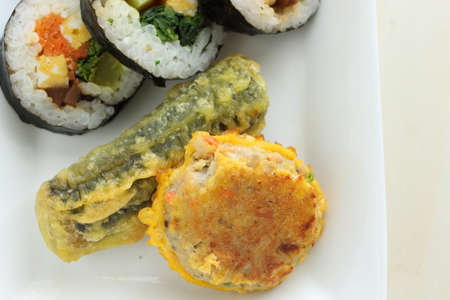 Korean food, rice roll Gimpa and deep fried vegetable for strep food imageの写真素材