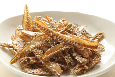 Japanese food, dried eel fish bone  for regional foodの写真素材