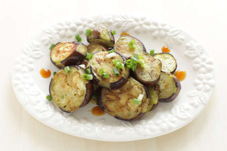 Chinese food, grilled eggplant served with soy sauce and green onionの写真素材