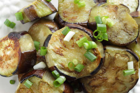 Chinese food, grilled eggplant served with soy sauce and green onionの写真素材