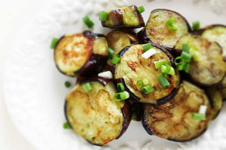 Chinese food, grilled eggplant served with soy sauce and green onionの写真素材