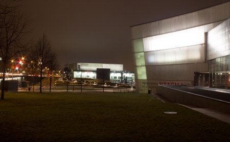 Helsinki, Finland - December 26, 2013 - Kiasma and Helsinki Music Centre illuminated at Boxing Day 2013のeditorial素材