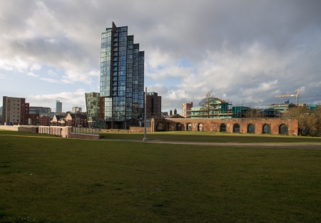 New Islington residential area, green grass and cloudsのeditorial素材