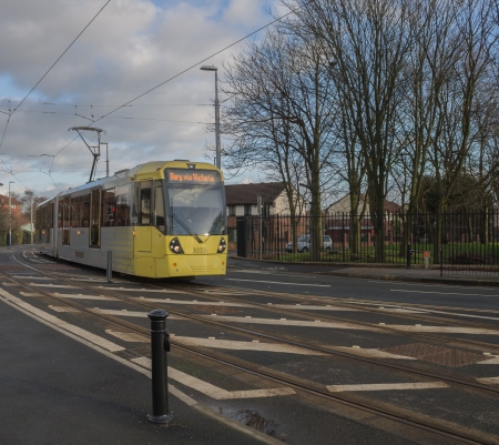 Metrolink Tram heading towards central Manchester, New Islingtonのeditorial素材