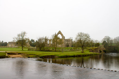 Beautiful and misty scenery in Bolton Abbey, Wharfedale, North Yorkshire, UKの写真素材