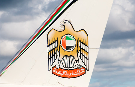 Etihad Airways Boeing 777 wide-body passenger plane A6-ETF tail livery, Manchester International Airport.のeditorial素材