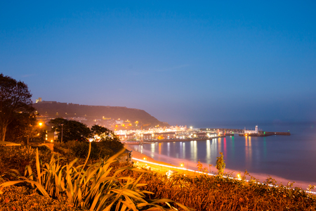 Scarborough South Sands in the evening during blue hour. Scarborough, North Yorkshire, United Kingdomの写真素材