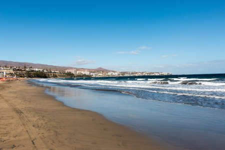 View of Beach in Playa del Ingles, Maspalomas, Gran Canaria, Spain.の写真素材