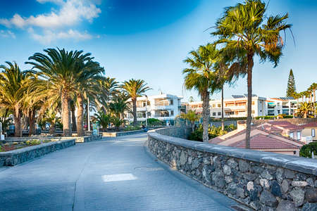 View of Beach Boulevard in Playa del Ingles, Maspalomas, Gran Canaria, Spain.の写真素材