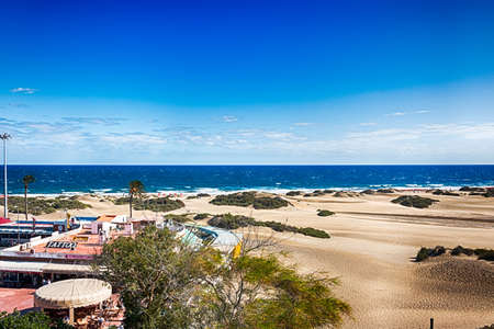 View of town centre in Playa del Ingles, Maspalomas, Gran Canaria, Spain.の写真素材