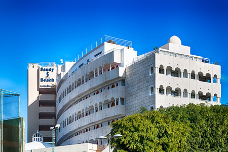 Seaside Sandy Beach Hotel, a famous seaside hotel in Maspalomas, Spain. HDR.のeditorial素材