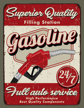 Gasoline fill station vintage poster advertising with fuel pump nozzleのイラスト素材