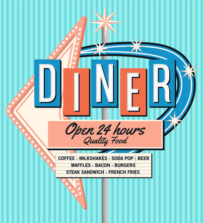 Vintage dinner restaurant road sign, stars and boards retro style vector illustrationのイラスト素材