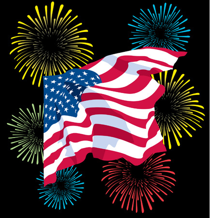 A waving Fourth Of July Flag and Fireworksのイラスト素材